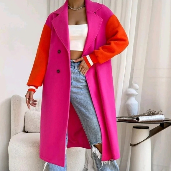 Colorblock Drop Shoulder Double Breasted Overcoat - Picture 5 of 6